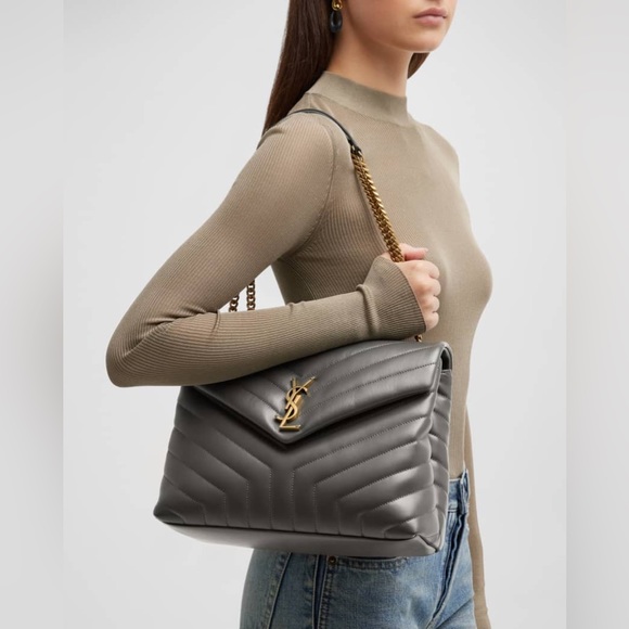 NWT Saint Laurent LouLou Storm Gray Leather Medium Shoulder Bag Gold HW - Picture 1 of 13